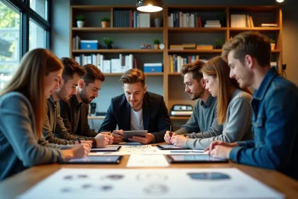 Groupe de jeunes créatifs autour d'une table en atelier
