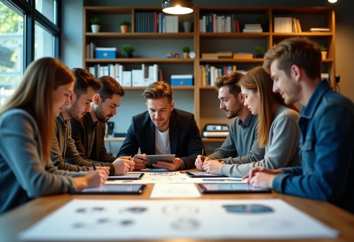 Groupe de jeunes créatifs autour d'une table en atelier