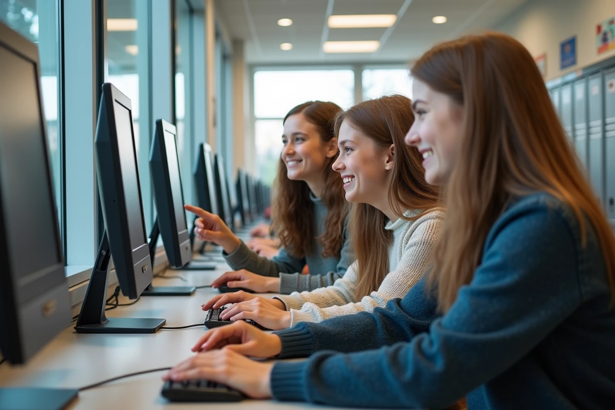 Groupe de lycéens dans un couloir moderne avec ordinateur