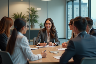 Groupe de jeunes professionnels en réunion dans un bureau moderne