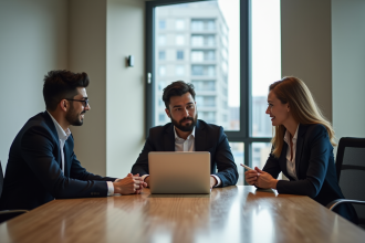 Trois professionnels en réunion dans un bureau moderne