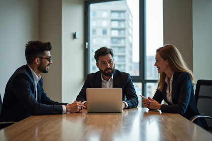 Trois professionnels en réunion dans un bureau moderne