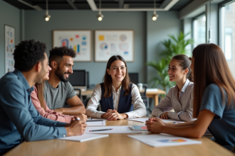 Groupe de collègues en réunion dans un bureau moderne