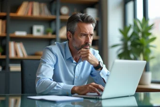 Homme d'affaires en bureau lumineux regardant son ordinateur