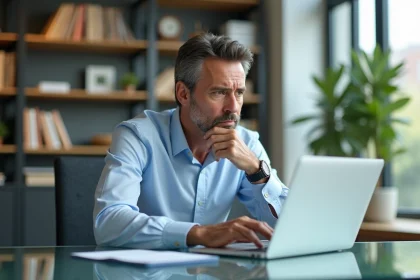 Homme d'affaires en bureau lumineux regardant son ordinateur