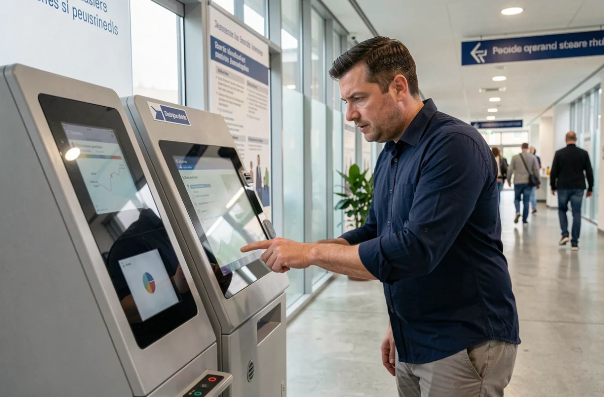 Homme utilisant une borne numérique pour accéder aux services Pia convergence à Grenoble