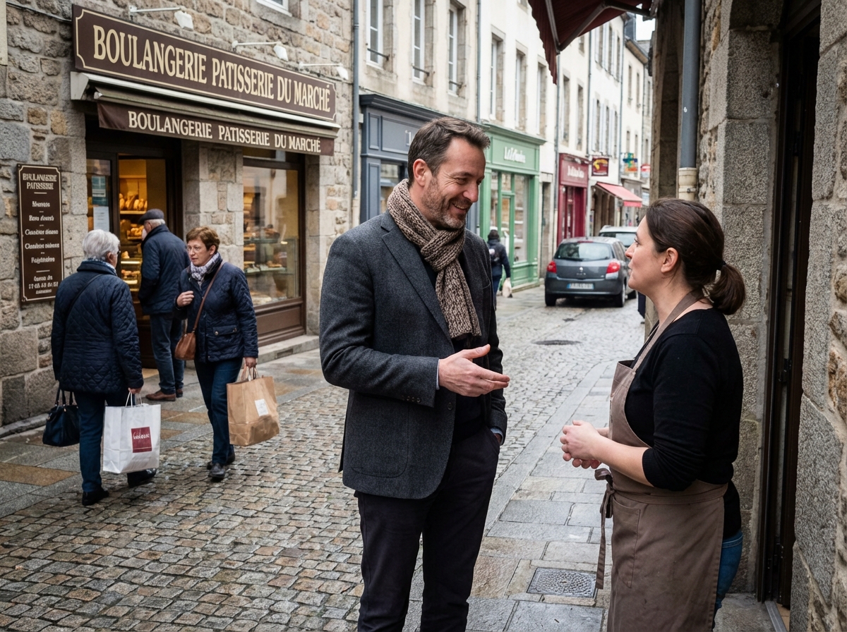Homme en blazer discutant avec un commerçant à Guéret