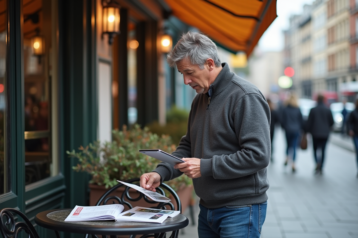 Homme en ville lisant des brochures en extérieur