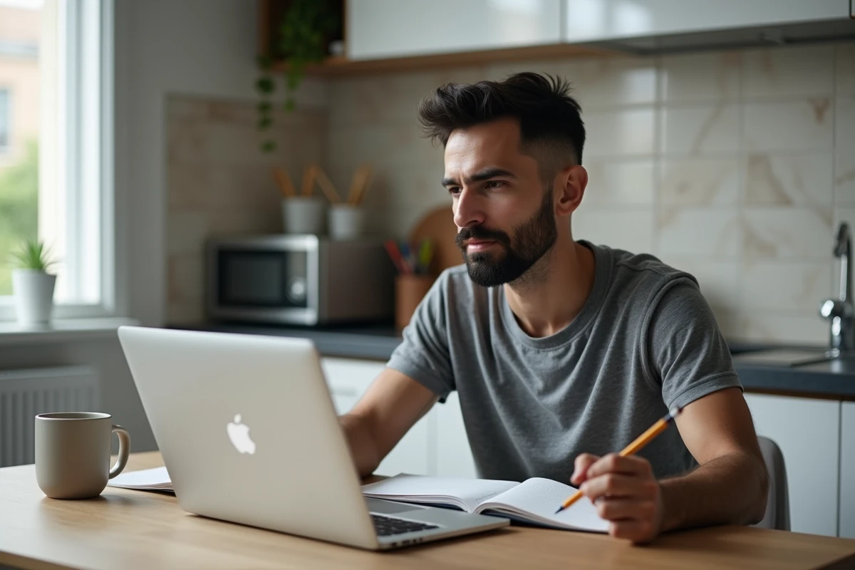 Homme de 35 ans suivant une formation courte en ligne depuis son domicile, avec un ordinateur portable et un cahier de notes
