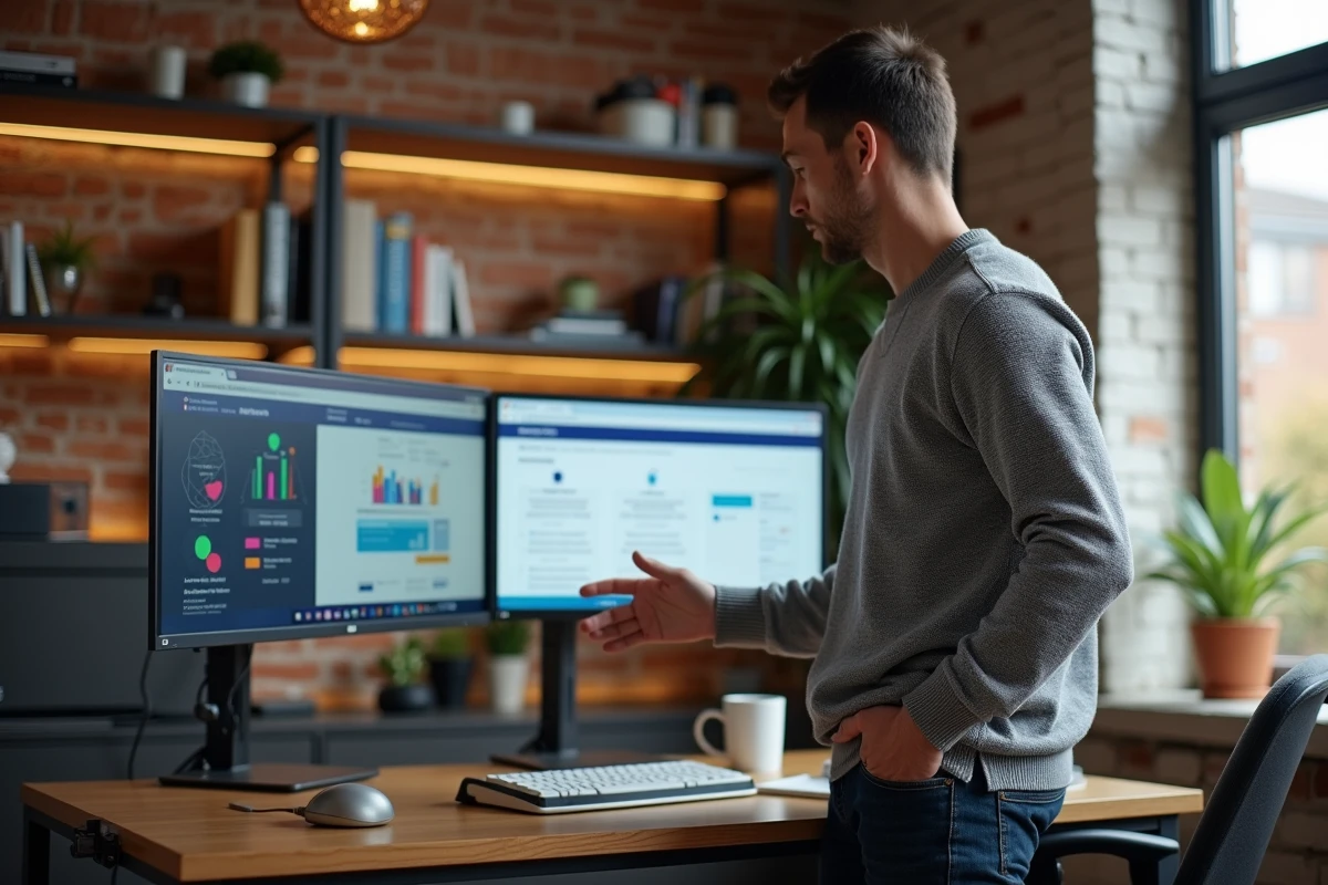 Homme debout à son bureau home office consultant des outils de marketing automation et newsletter