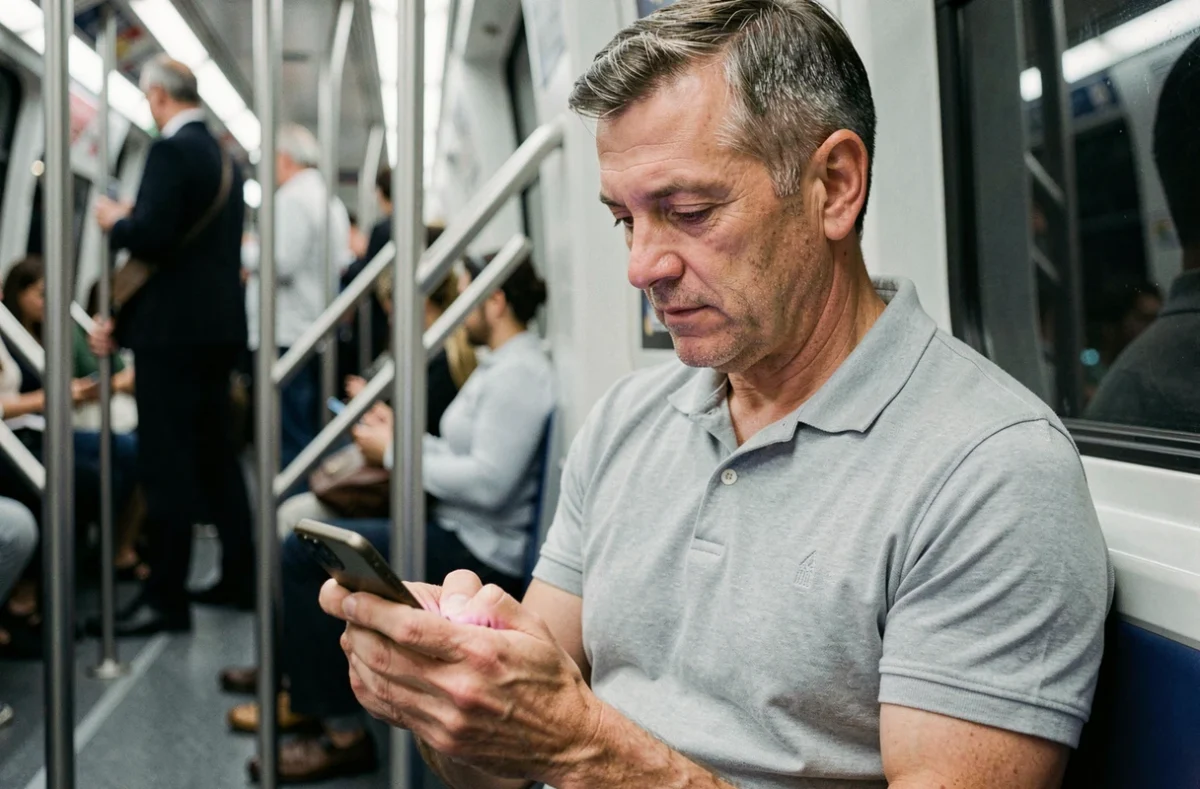 Homme d'affaires consultant sa messagerie AC Strasbourg sur smartphone dans les transports en commun