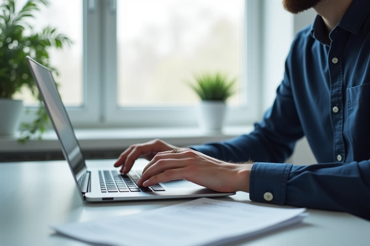 Homme rédigeant une dissertation structurée avec une liste de mots connecteurs sur son bureau moderne