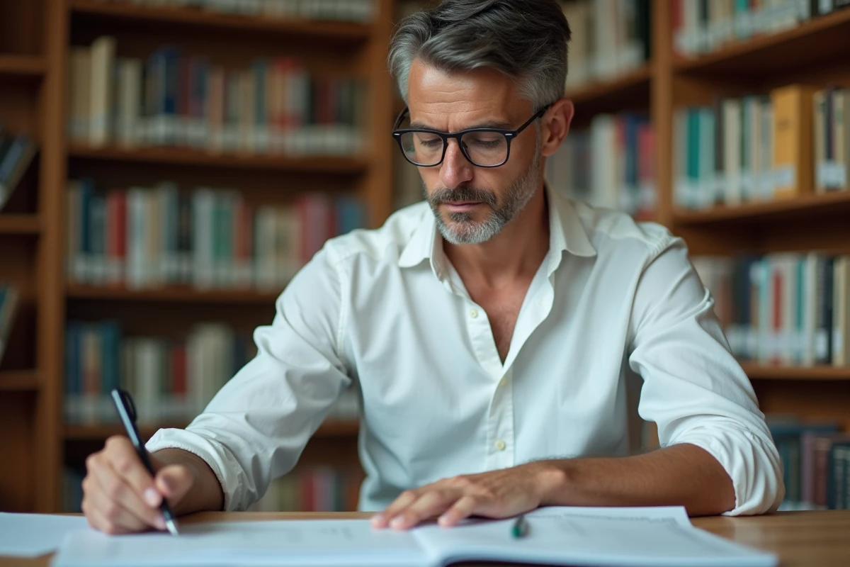 Homme concentré révisant des tests TOEIC dans une bibliothèque