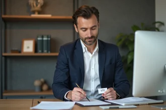 Homme daffaires en bureau avec carte VTC et documents