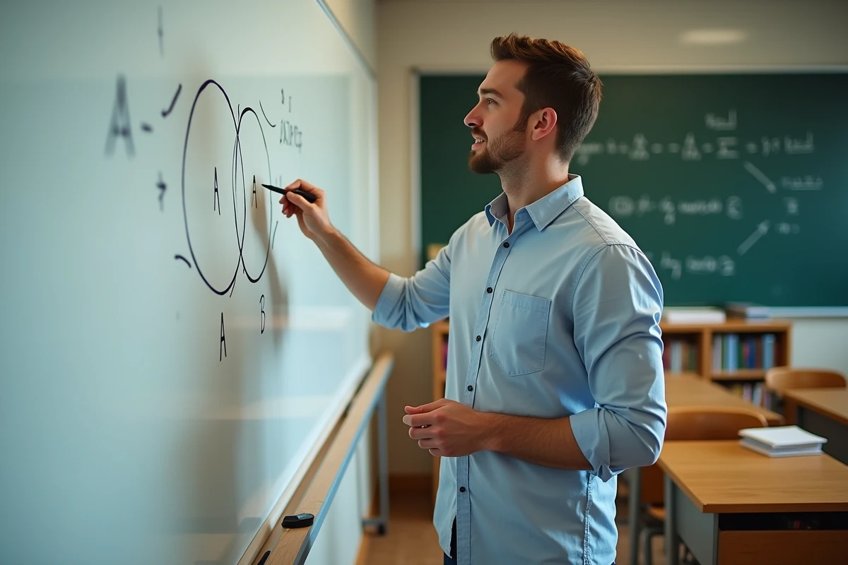 Professeur de mathématiques expliquant l'indépendance des événements avec un diagramme de Venn A inter B au tableau blanc