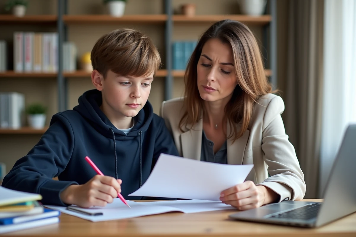 Une mère et son fils adolescent remplissent ensemble les dossiers d'inscription au collège dans Loir-et-Cher