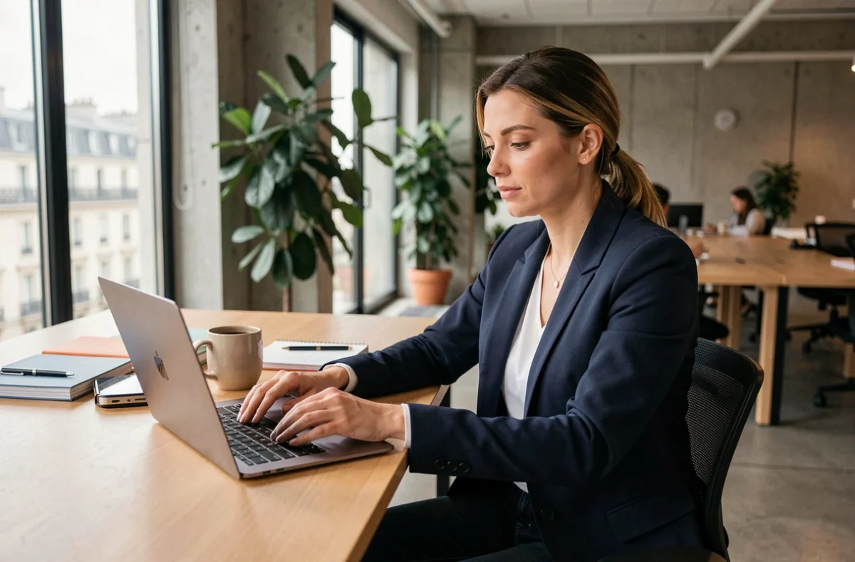 Femme professionnelle s'inscrivant à une conférence digitale sur son ordinateur portable dans un espace de coworking parisien moderne