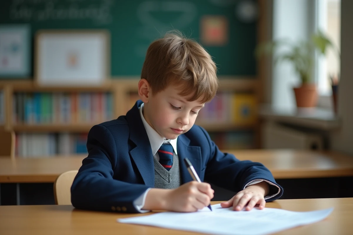 Jeune garçon concentré en classe lors d'un examen