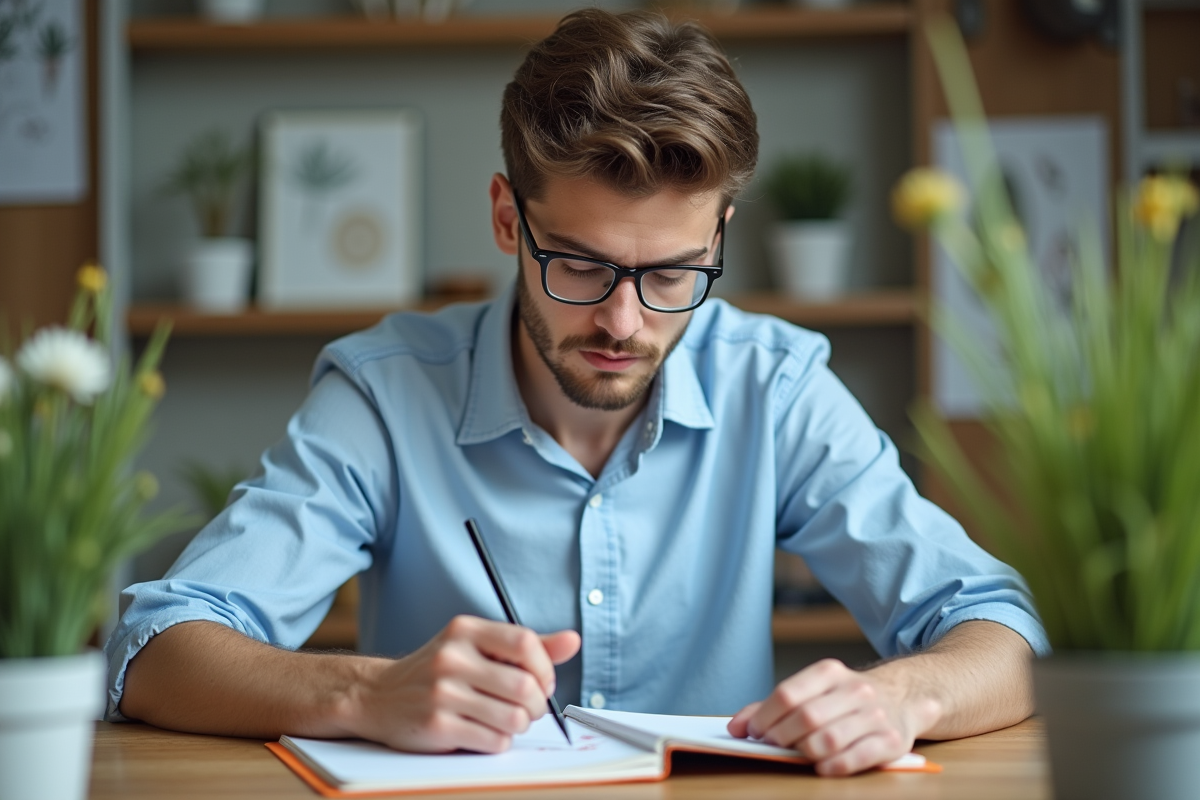 Jeune étudiant en botanique dessinant une plante en laboratoire