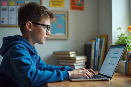Jeune garçon en hoodie bleu étudiant à son bureau