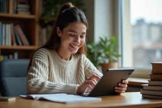 Jeune femme souriante utilisant une tablette dans un bureau cosy
