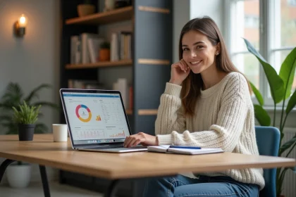 Jeune femme concentrée sur son ordinateur dans un bureau lumineux