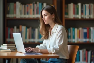 Jeune femme en étude dans une bibliothèque universitaire