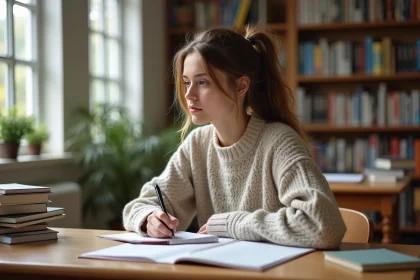 Jeune femme étudiante écrivant en classe d'espagnol