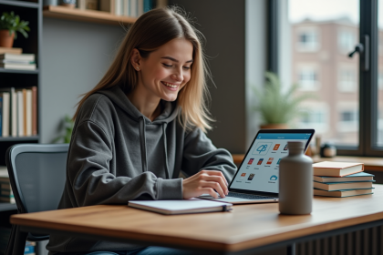 Jeune femme concentrée utilisant une tablette dans son appartement