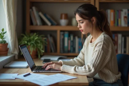 Jeune femme concentrée sur son ordinateur dans un appartement étudiant