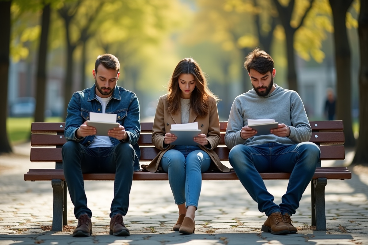 Jeune femme et deux hommes lisant dans un parc urbain