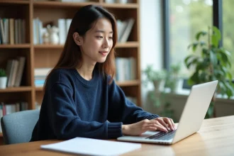 Jeune femme en train de pratiquer le TOEIC sur son ordinateur dans une salle lumineuse