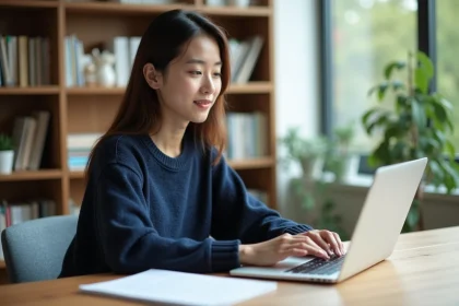 Jeune femme en train de pratiquer le TOEIC sur son ordinateur dans une salle lumineuse
