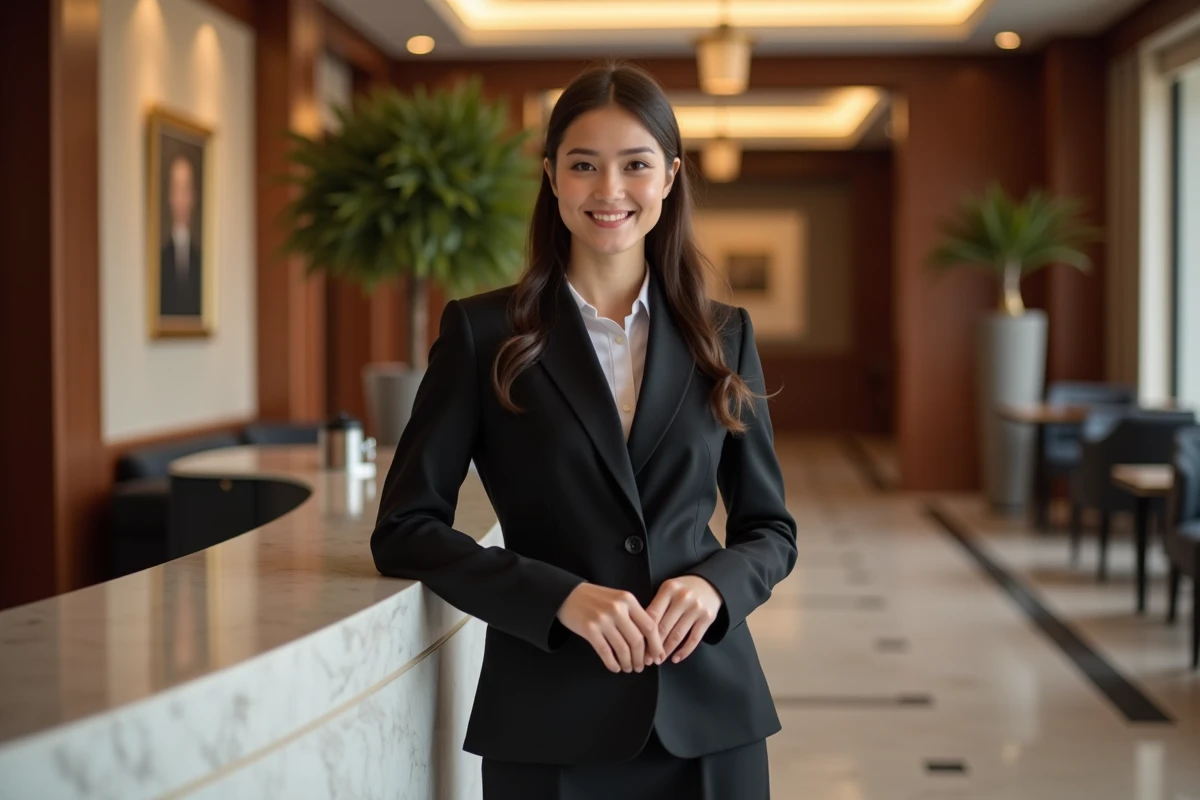 Jeune femme accueillant un client dans un lobby élégant
