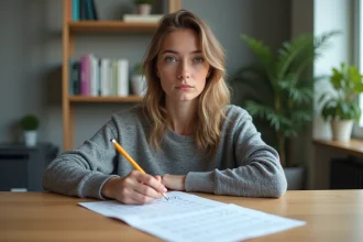 Jeune femme réfléchissant à un test IQ sur son bureau