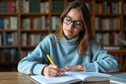 Jeune femme en sweater bleu et lunettes étudie des verbes français
