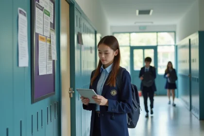 Jeune fille en uniforme scolaire vérifiant sa présence avec une tablette dans le couloir