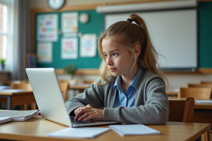 Jeune fille concentrée sur son ordinateur dans une salle moderne