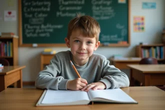 Jeune garçon de 10 ans écrit dans un cahier à l'école