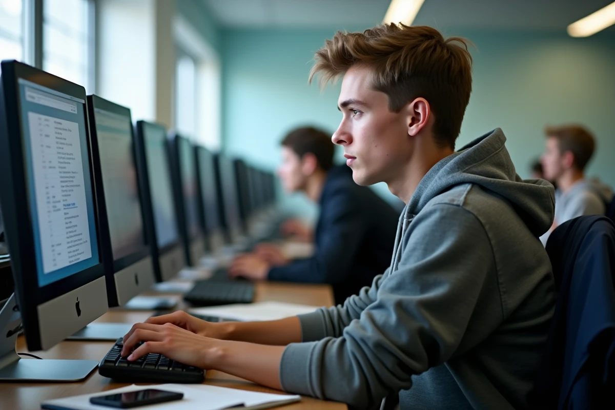 Jeune homme étudiant dans un laboratoire informatique universitaire