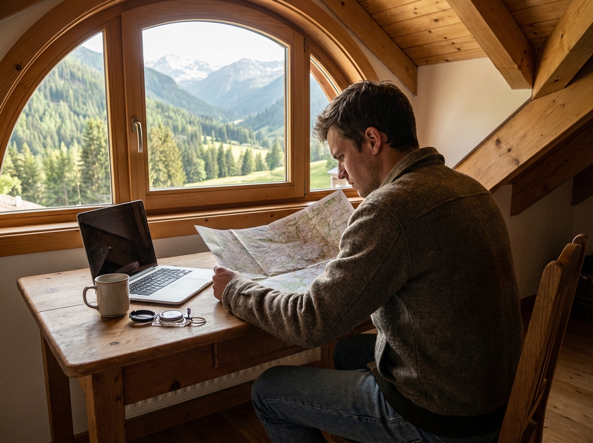 Jeune homme avec carte dans chalet montagnard