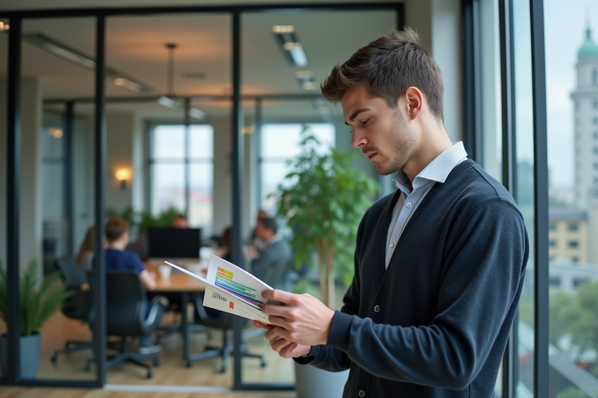 Jeune homme français regardant une brochure dans un espace coworking