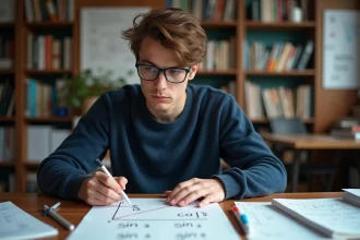 Jeune homme dessinant des formules de trigonometrie sur un bureau