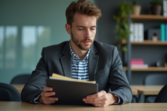 Jeune homme en blazer tenant un diplôme dans une salle moderne