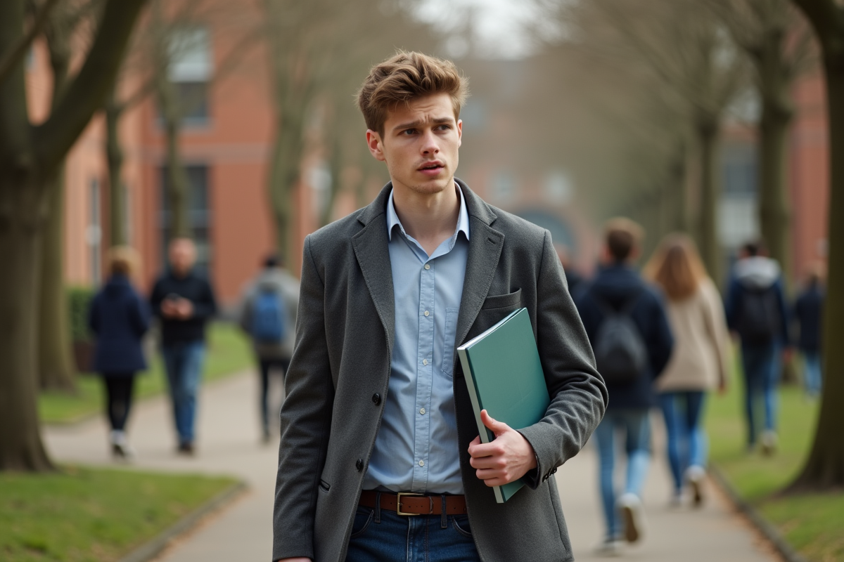 Jeune homme marche pensif devant un campus hospitalier