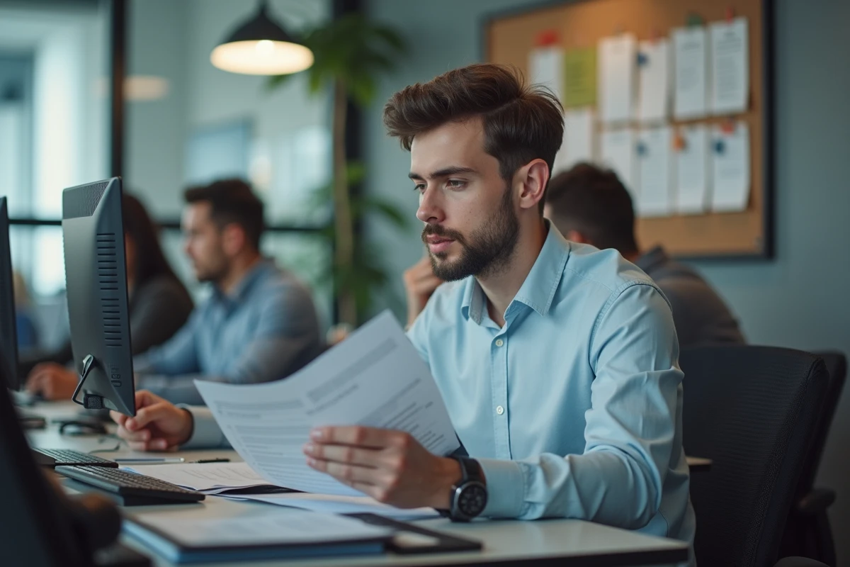 Jeune homme concentré travaillant au bureau moderne