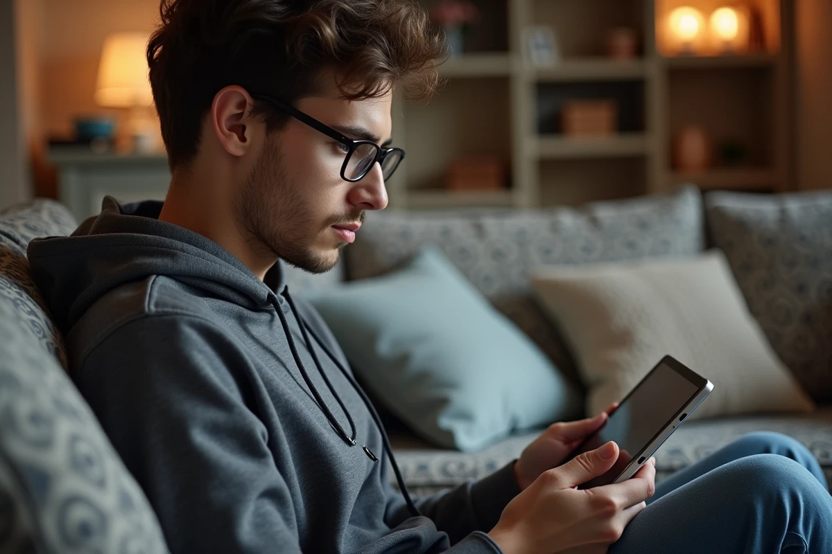 Jeune homme regardant un tutoriel sur sa tablette dans le salon