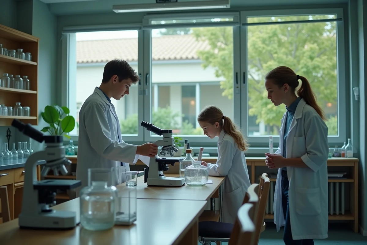 Un lycéen présente une expérience scientifique à des collégiens en visite dans un laboratoire d'un grand lycée français