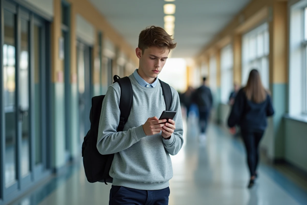 Lycéen consultant l'ENT sur smartphone dans le couloir de son lycée