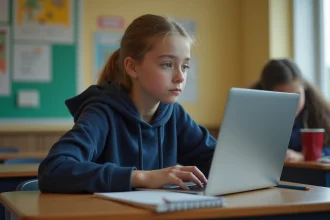 Lycéenne utilisant l'ENT sur un ordinateur portable dans une salle de classe en 2026